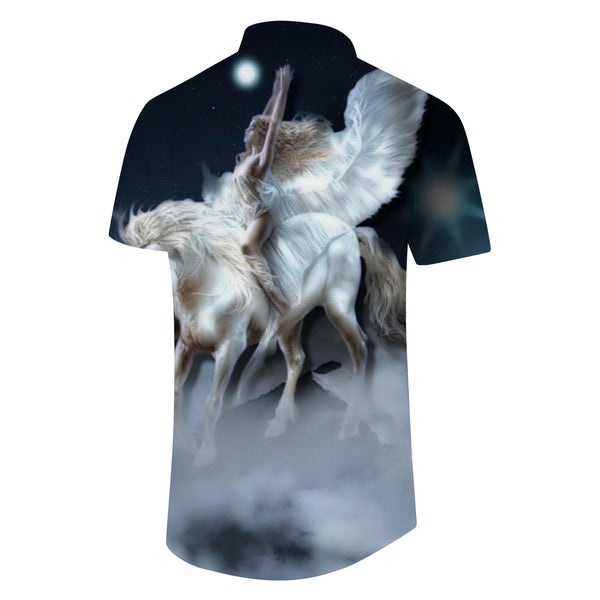 
Angel riding white flying unicorn magic design men's casual street loose short shirt tropical four seasons vacation top
                
