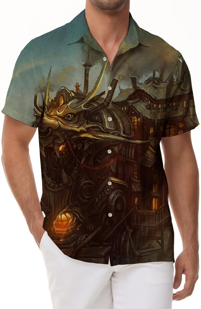 Ancient Boat House Men's Casual Loose Style Regular Style Hawaiian Tropical Four Seasons Daily Simple Style Printed Short Sleeve Button Shirt