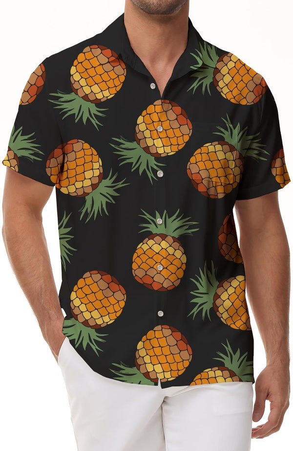 Fashion Black Pineapple Fruit Pattern Men's Short Sleeve Beach Shirt with Buttons Summer Casual Shirt Holiday Party