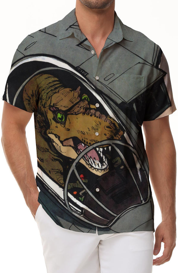 Cartoon dinosaur Hawaiian short-sleeved shirt button lapel pocket short-sleeved shirt men's casual daily travel vacation ocean beach clothes