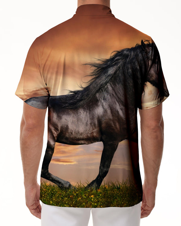 
Mens Black Horse Shirt Short Sleeve Button Loose Summer Beach Shirt Sunset Horse
                