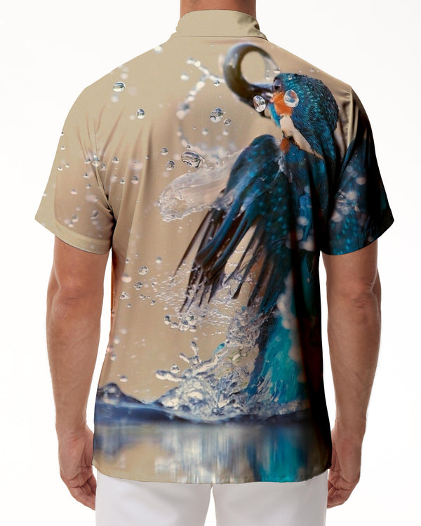 
Blue cute water kingfisher bird men's casual loose short sleeve button shirt casual Hawaiian shirt comfortable
                
