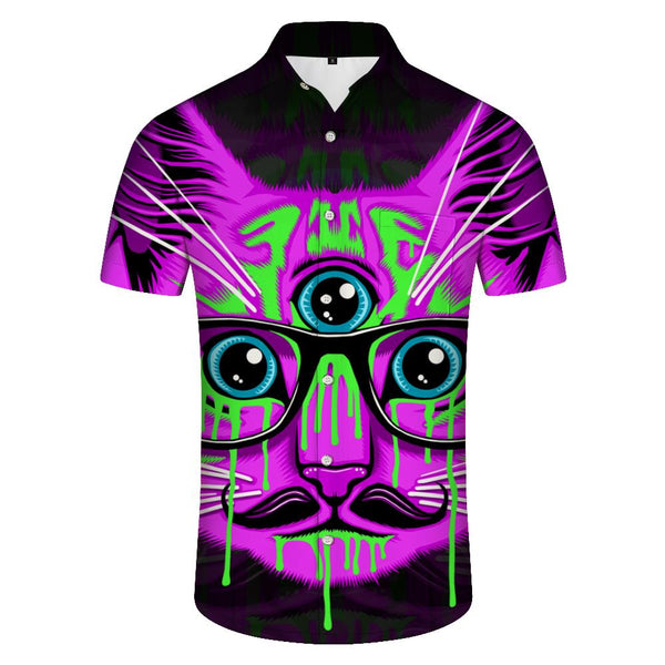 
Purple three-eyed cat 3d printing Hawaiian style breathable men's casual loose shirt summer shirt men's hip-hop popular men's retro short sleeve
                