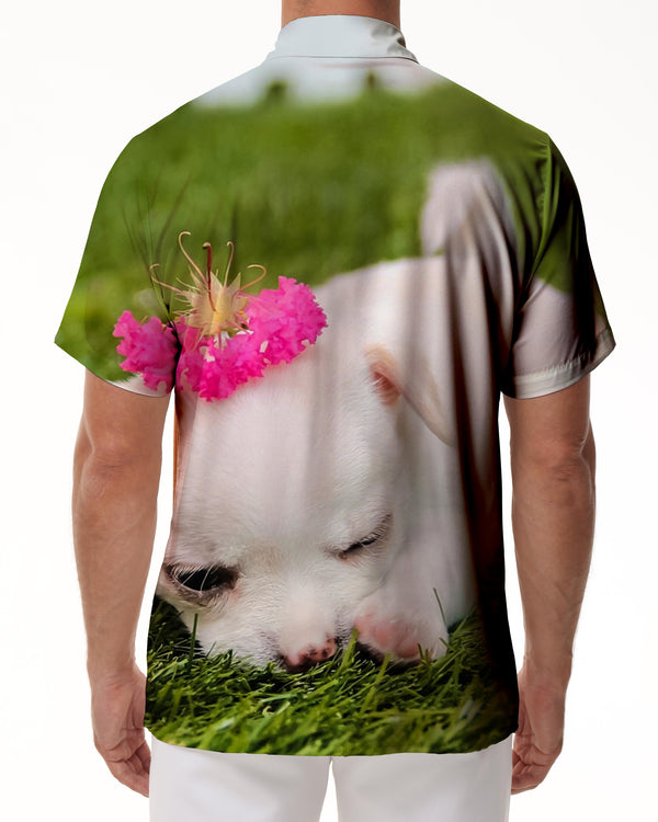 
White Chihuahua Face Fashion Trendy Simple Cute Animal Short Sleeve Shirt Men's Summer Casual Hawaiian Button Lapel Shirt
                