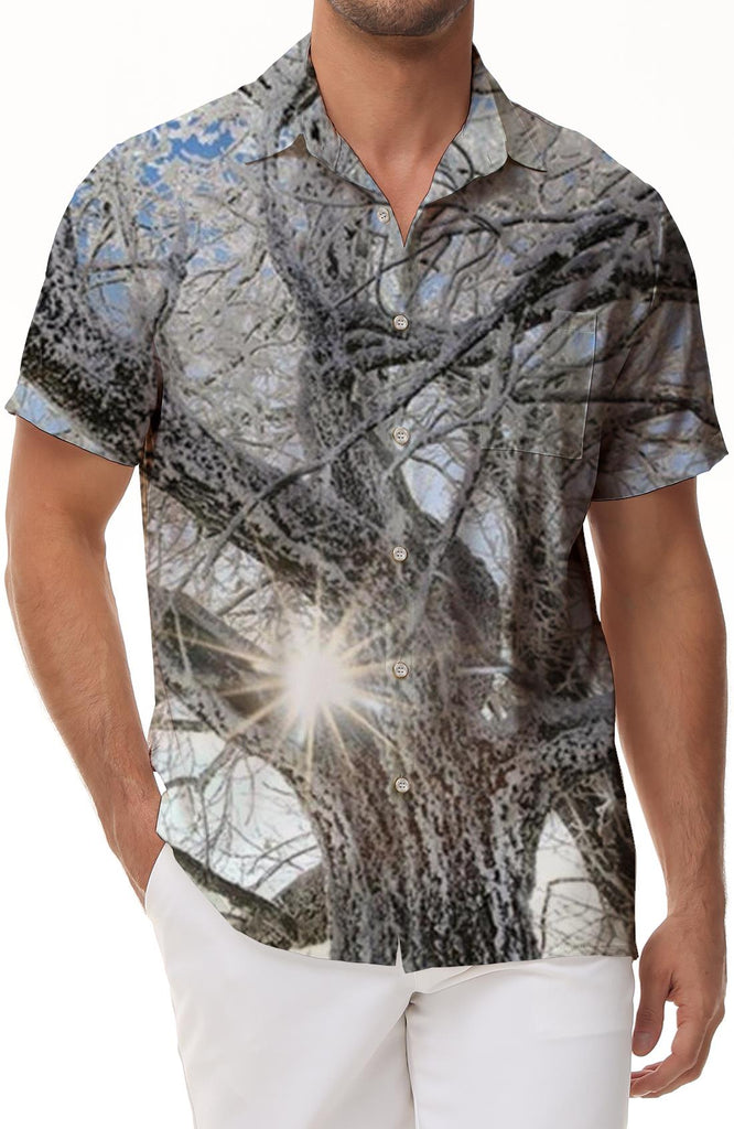 Trees in the Snow Men's Outdoor Street Short Sleeve Fashion Street Tropical Button Lapel Pocket Short Sleeve Shirt Hawaiian