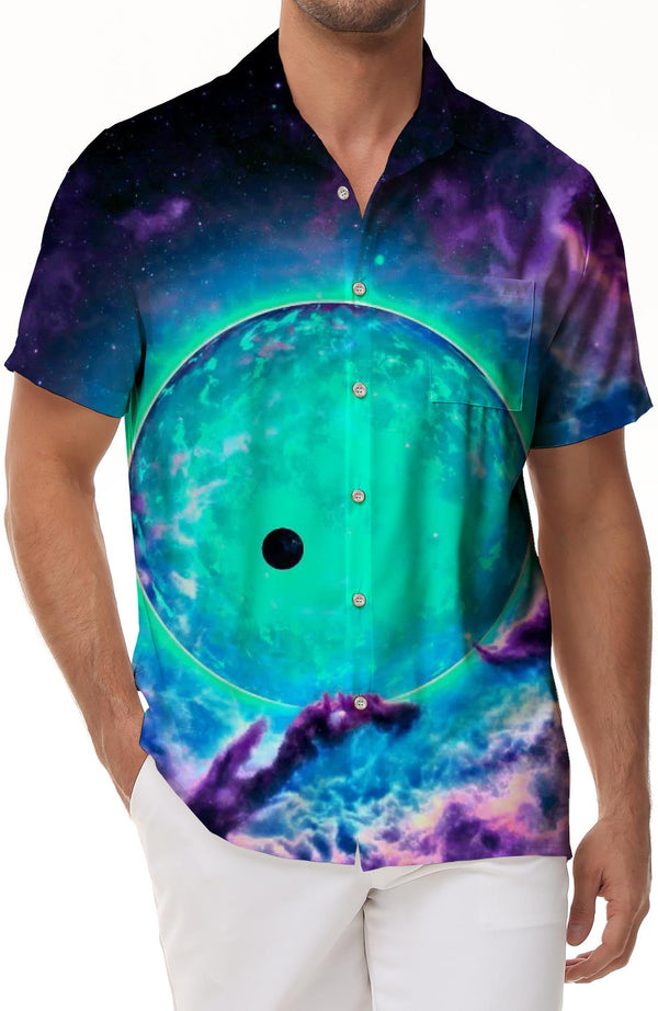 Starry sky luminous earth casual loose short-sleeved summer men's Hawaiian button short-sleeved lapel beach shirt