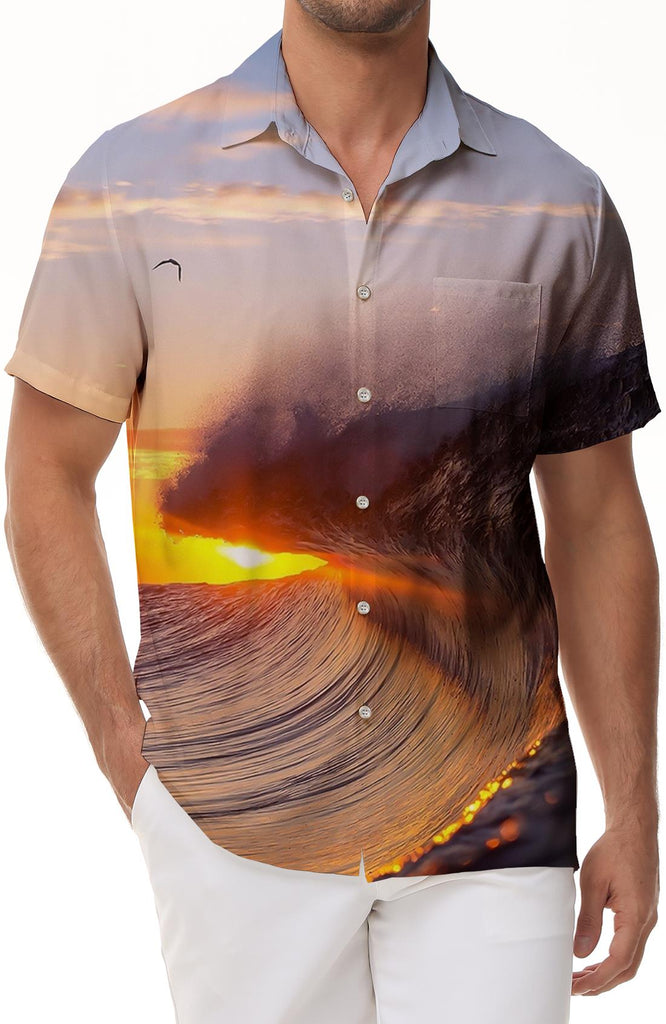 Ocean Wave Summer Men's Casual Tops Short Sleeve Hawaiian Lapel Button Shir