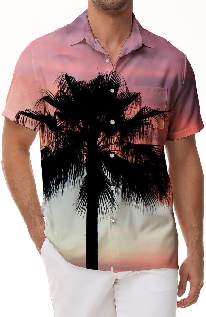 Coconut Tree Hawaii Digital Print Casual Men's Summer Short Sleeve Polyester Shirt Casual Button Shirt Palm Tree