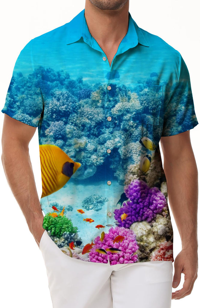 Hawaiian Shirt Short Sleeve Ocean Fish Coral Reef Men's Button-Down Tropical Vacation Beach Top