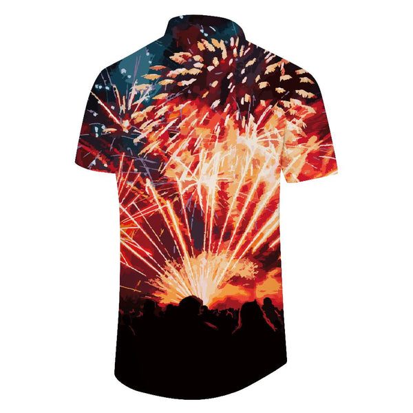 
Beautiful fireworks 3D print Cuban collar short sleeve shirt for men's beach and casual wear
                