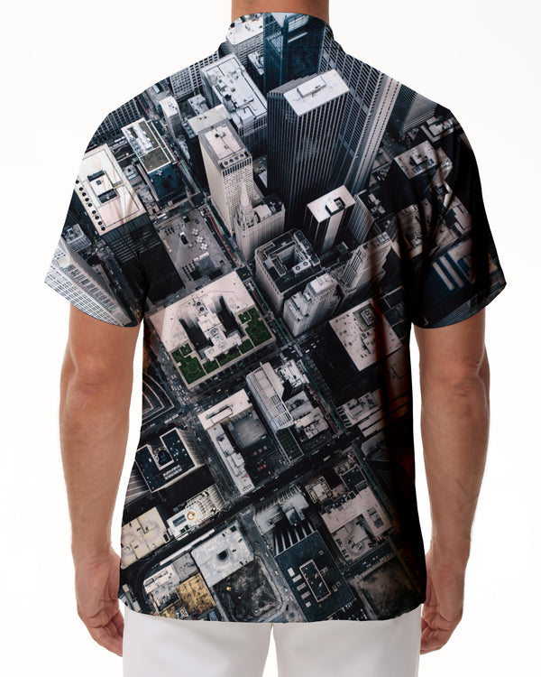 
High-rise buildings 3D digital printing men's casual short-sleeved button-down shirt Hawaiian trendy beach seaside tops
                