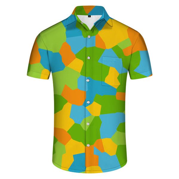
Bohemian psychedelic color square men is Cuban collar shirt casual button shirt short sleeve vacation beach
                