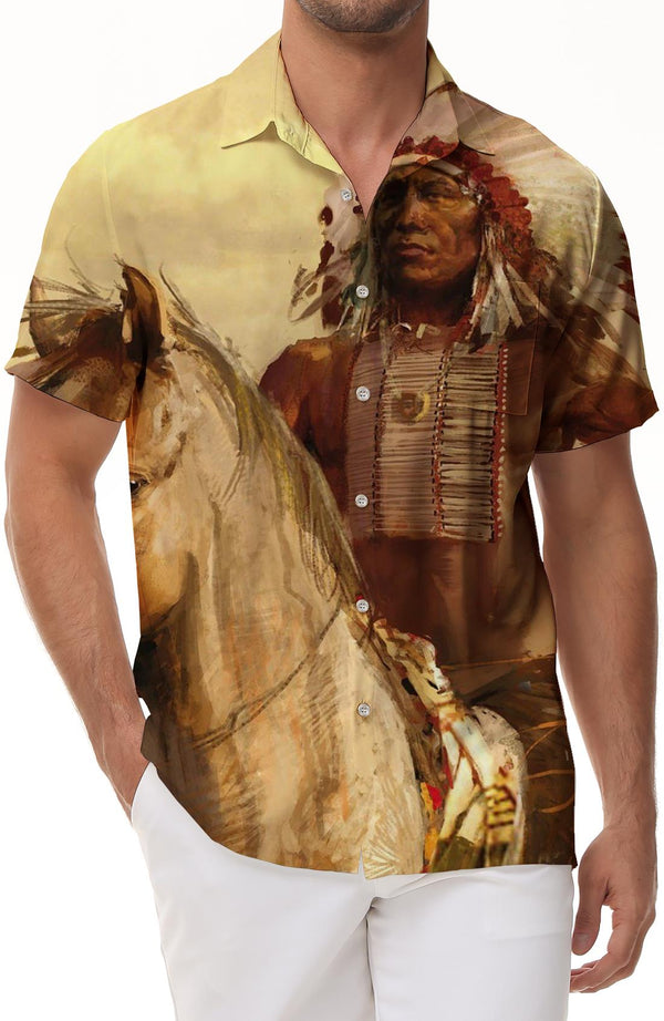 Vintage Native American Chief Warrior Horse American Indian Hawaiian Button Men's Short Sleeve Street