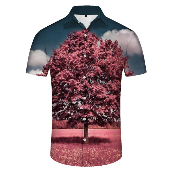 
Fairy tale pink trees cool men's casual loose short-sleeved shirt Hawaiian Haikou lapel button-down short-sleeved shirt trees
                