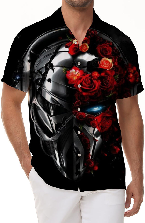 Summer Men's Gothic Skull Vintage Rose Flower Print Shirt Lapel Button Short Sleeve Shirt Holiday Party Beach Top