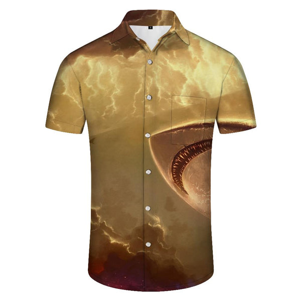 
Gold Ocean Shark Hawaiian Button Pocket Lapel Fashion Short Sleeve Shirt Men Cool Casual Loose Style
                
