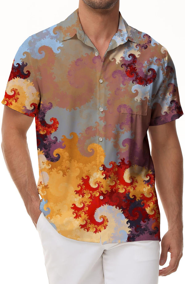 Colorful wave print pattern summer casual Hawaiian style print lapel short sleeve button comfortable shirt