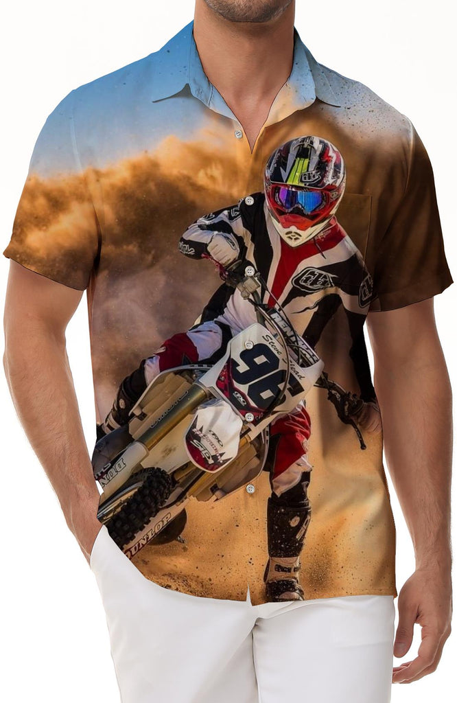Motocross Hawaiian Shirt Mens Dirt Bike Short Sleeve Casual Loose Button Shirt Mens Motocross Print
