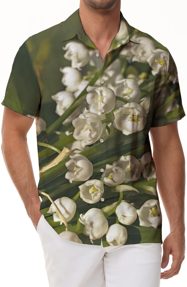 White lily of the valley men's hip-hop fashion breathable button-down daily travel vacation beach seaside short-sleeved shirt hot wind four seasons Hawaiian short-sleeved shirt digital printing