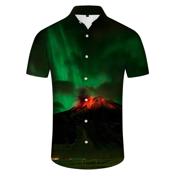 
Green Aurora Volcano Pattern Hawaiian Fashion Men's Short Sleeve Shirt Tops 3D Printing
                