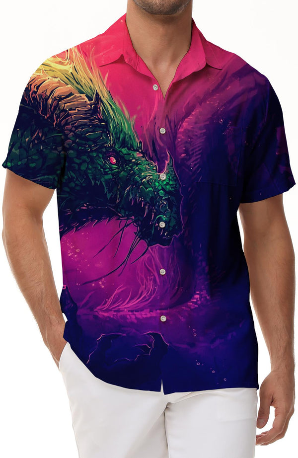 Neon Futuristic Dragon Mens Summer Short Sleeve Button Casual Beach Shirt Mens Hawaiian Shirt