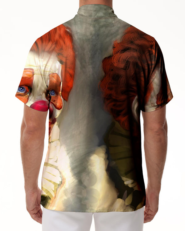 
European and American art style print pattern Hawaiian men's casual button loose pocket daily lapel short-sleeved shirt polyester
                