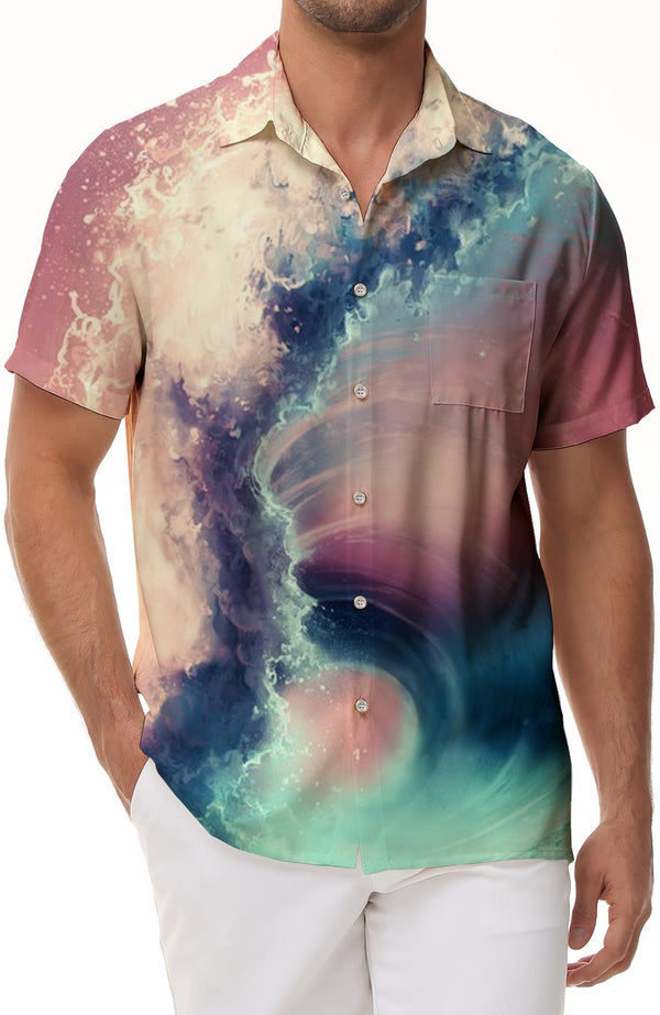 Casual Men Colorful Style 3D Printed Button Shirt Sea Tornado Pattern Short Sleeve Pocket Shirt Tropical Hawaiiii