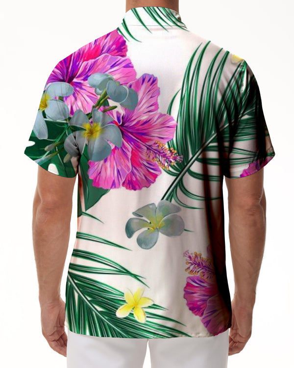 
Hibiscus flower palm leaf men's casual fashionable simple style short sleeve shirt button-down summer tropical vacation seaside Hawaiian shirt
                