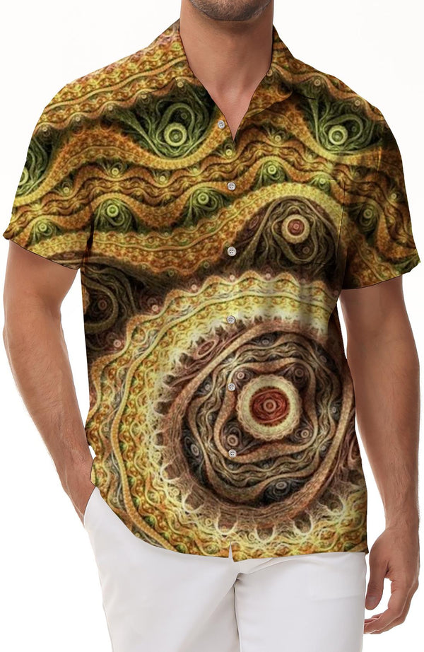 Indian digital print golden yellow tropical button men's casual loose button shirt four seasons beach wear