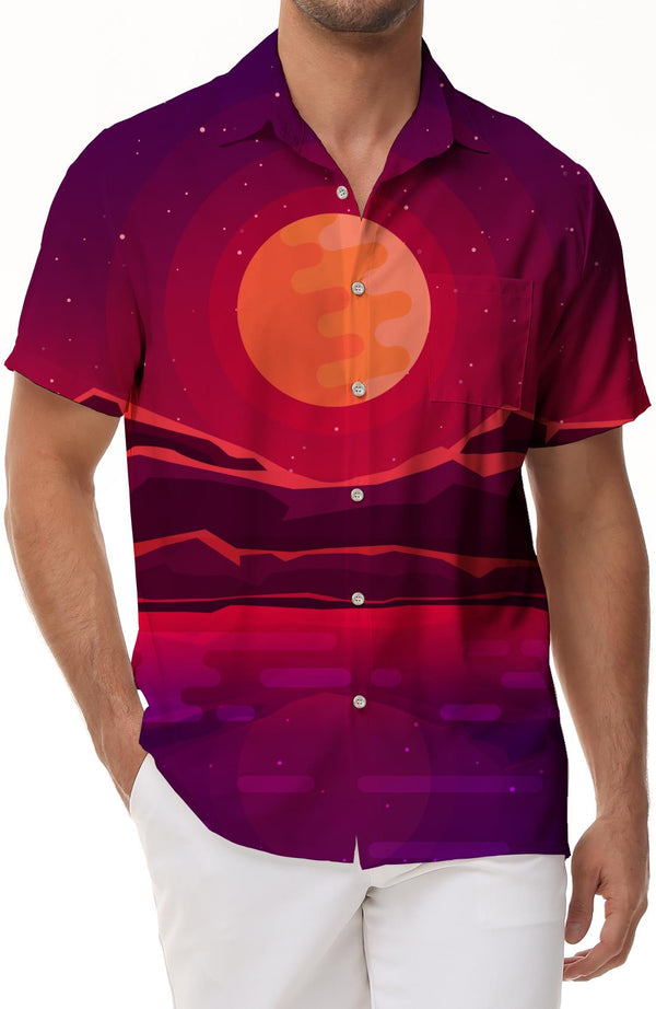 Art Orange Mountains and Moon Starry Sky Mens Hawaiian Shirt Tropical Short Sleeve Button Down Beach Shirt Regular