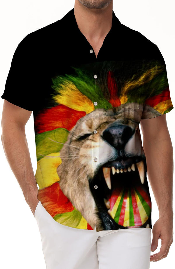 Lion roar tiger roar style print black men's short-sleeved shirt four seasons Hawaii outdoor family party clothing
