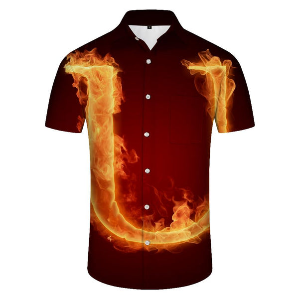 
U flame English letter regular short-sleeved shirt daily wear Hawaiian button lapel pocket short-sleeved shirt men's casual loose
                