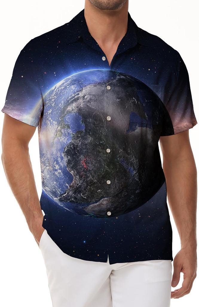 Men's Earth 3D Universe Starry Sky Printed Men's Short Sleeve Casual Summer Men's Loose Shirt Street Loose Tops