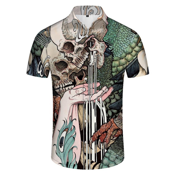 
Retro Skull Pattern Cool Casual Short Sleeves Abstract Personalized Skull 3D Printing Lapel Button Short Sleeves Men's
                