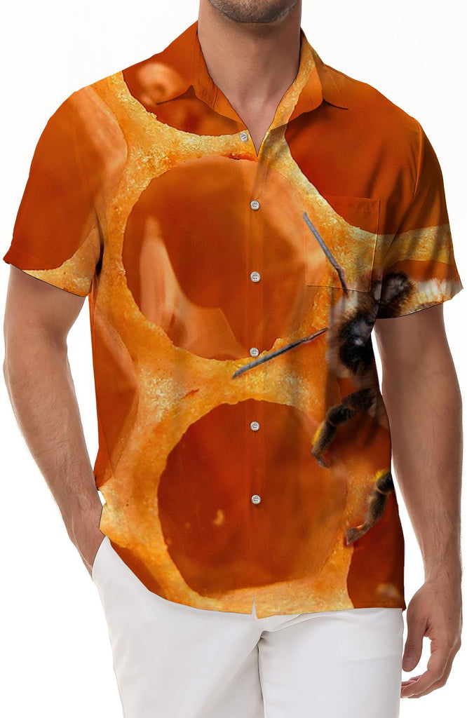 Bees on Hive Honeycomb Hawaiian Shirt for Men Short Sleeved Casual Summer Beach Shirts