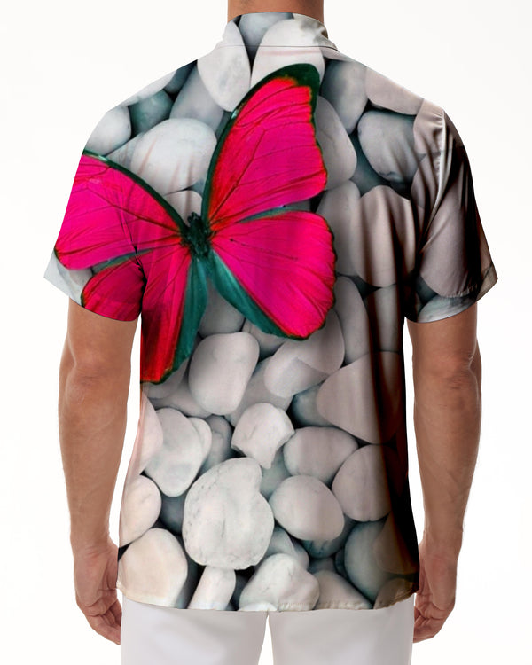 
Psychedelic Pink Butterfly and Gray Stone Men's Short Sleeve Shirt Casual Button Short Sleeve Top Comfortable Breathable Summer Clothing Tops
                