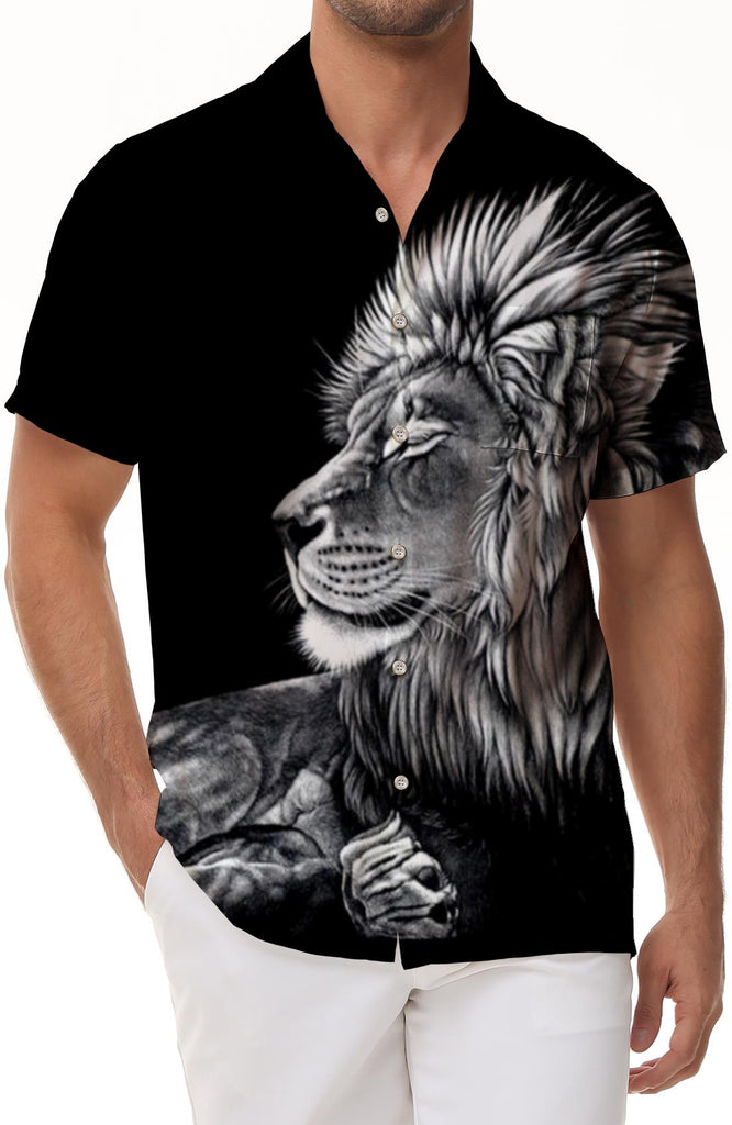 Fashionable Gray Animal Lion King Black 3D Printed Pattern Men's Short Sleeve Hawaiian Shirt Short Sleeve Summer Casual Beach Fashion