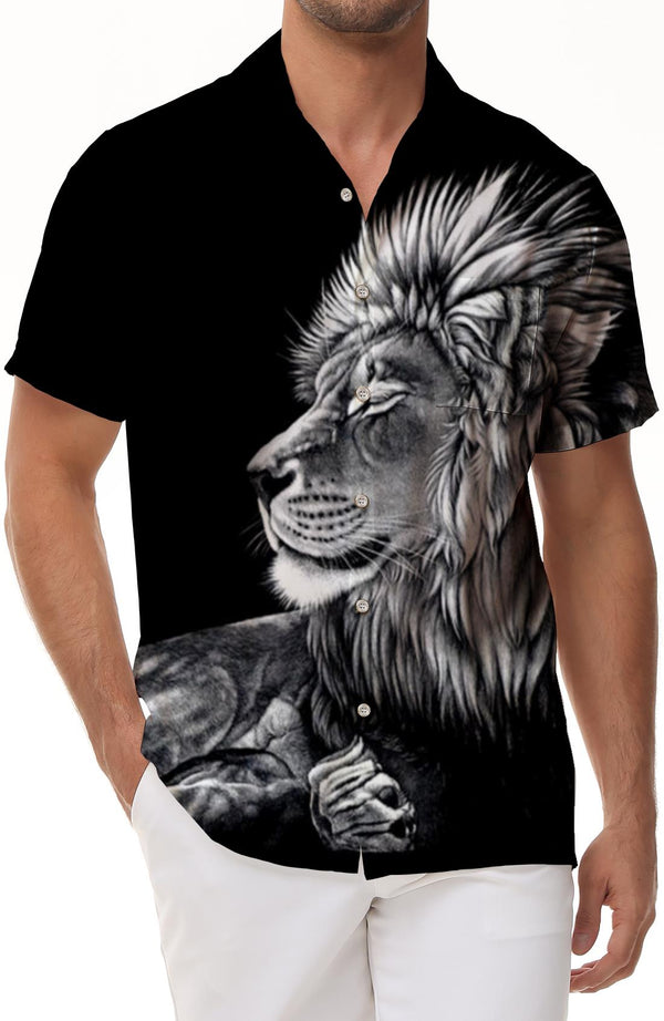 Fashionable Gray Animal Lion King Black 3D Printed Pattern Men's Short Sleeve Hawaiian Shirt Short Sleeve Summer Casual Beach Fashion