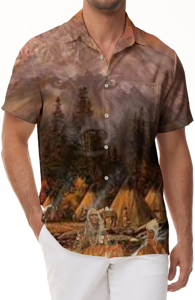 Timberwolf Shadow Native American Tribal Print Fashion Breathable Men's Hawaiian Shirt