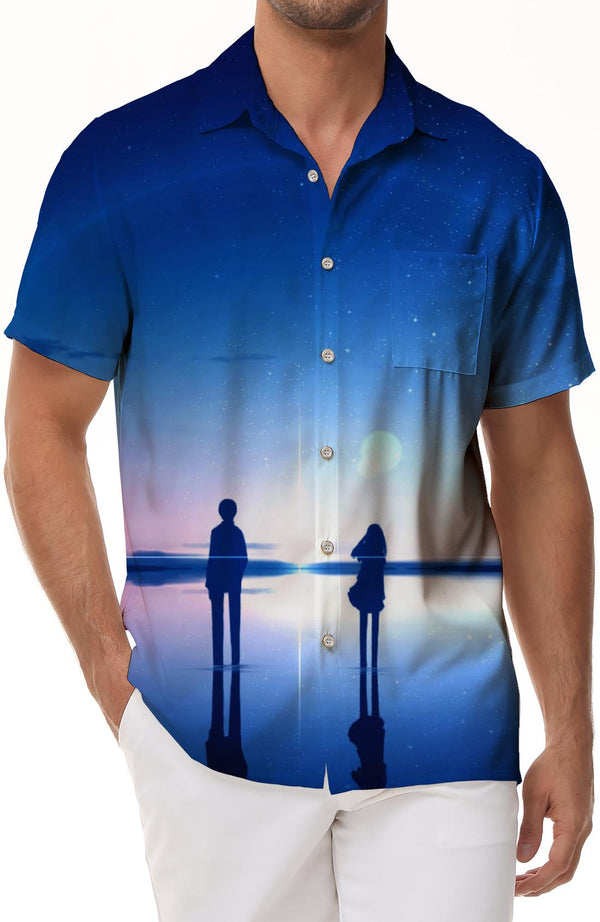 Seaside Ocean Night Sky Anime Men's Loose Short Sleeve Button Hawaiian Lapel Pocket Digital Print Mixed Color Top