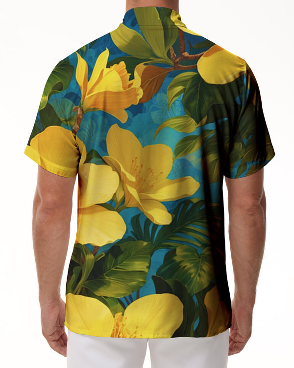 
Yellow flower summer button-down men's Hawaiian shirt short sleeve pocket short sleeve shirt tropical seaside party
                