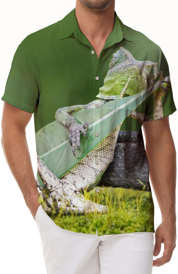 Forest Fun Lizard Men's Casual Regular Style 3D Printed Pattern Four Seasons Hawaiian Shirt Short Sleeve Shirt Chameleon Lizard Pattern