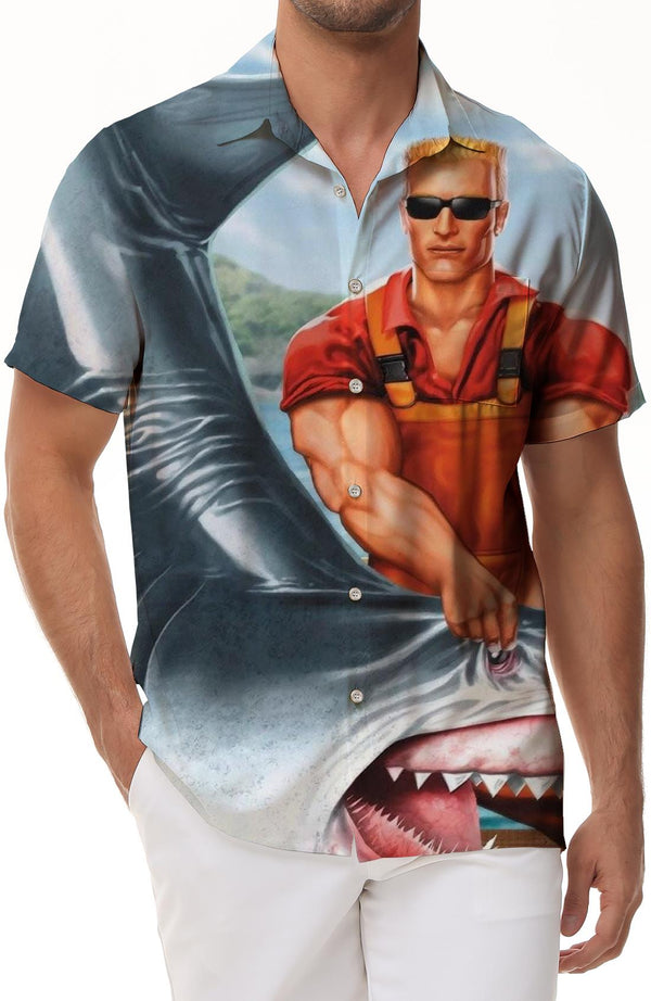 Muscle Man and Shark Hawaiian Shirt Tropical Men's Casual Short Sleeve Button-up Beach Fashion Simple