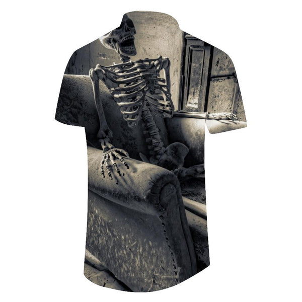 
Hip Hop Skull Pattern Loose Men Street Fashion Casual Retro Skull 3D Printed Summer Lapel Top Hawaiian Button Down
                