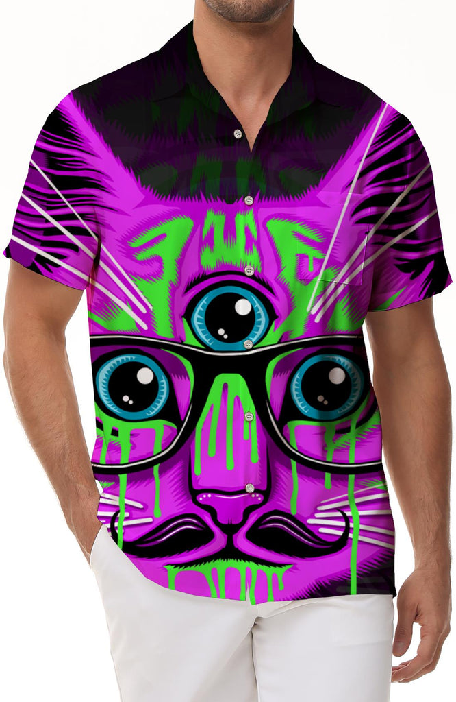 Purple three-eyed cat 3d printing Hawaiian style breathable men's casual loose shirt summer shirt men's hip-hop popular men's retro short sleeve
