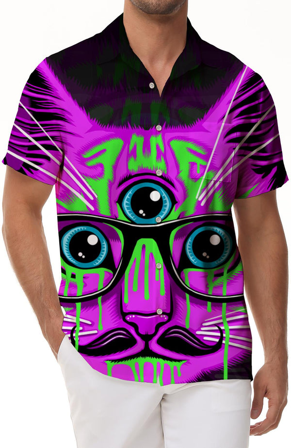 Purple three-eyed cat 3d printing Hawaiian style breathable men's casual loose shirt summer shirt men's hip-hop popular men's retro short sleeve
