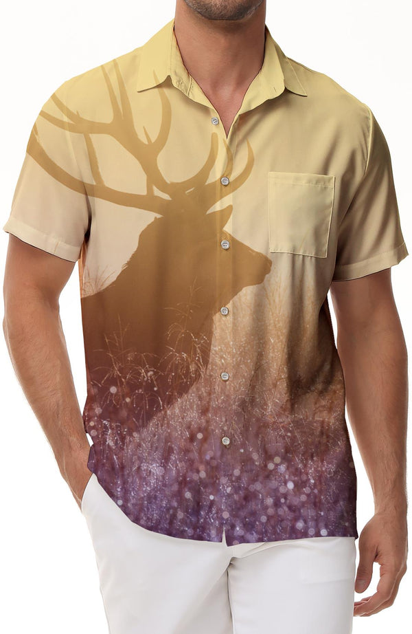 Deer Silhouette Short Sleeve Beach Shirt Men's Hawaiian Shirt Tropical Vacation Seaside Beach Short Sleeve Shirt Button Lapel Hawaii