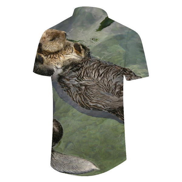 
Animal cute brown otter print retro style collar short sleeve shirt tropical Hawaiian fashion button down pocket lapel shirt
                