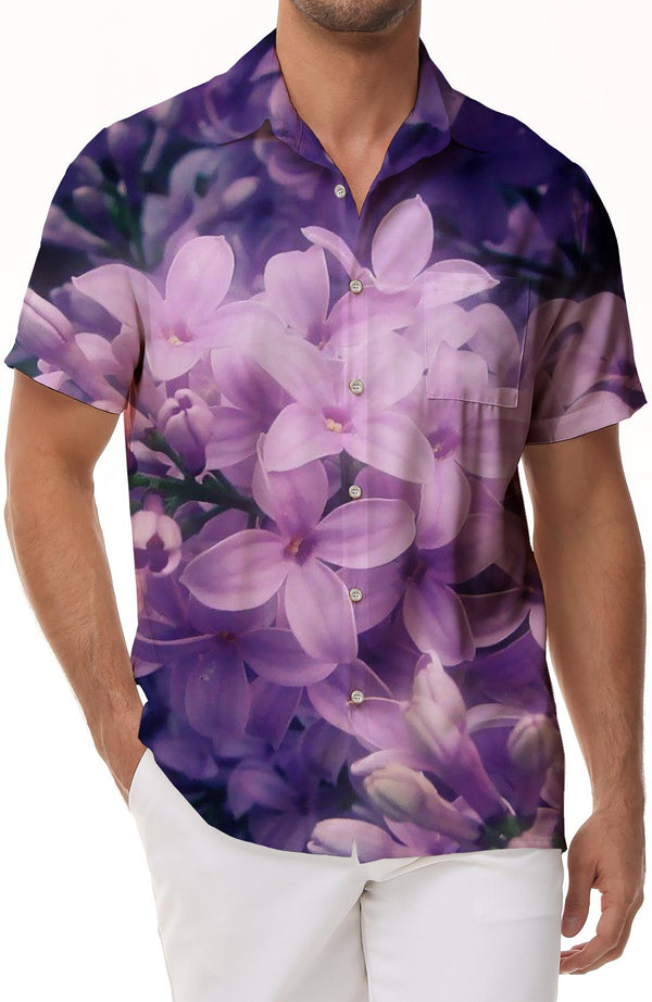 Digital Print Hawaiian Shirt Summer Beach Casual Short Sleeve Button Down Shirt Blooming Purple Flowers