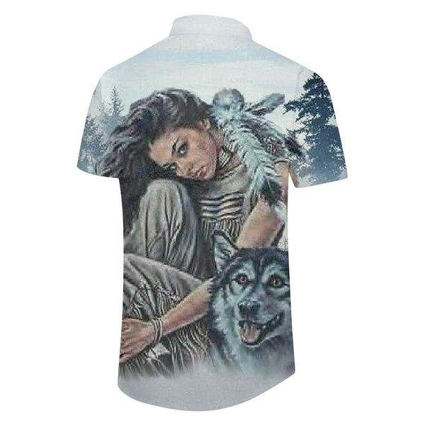 
European and American Animal Wolf Print Pattern Men's Summer Animal Wolf Print Shirt Men's Clothing Short Sleeve Button Top Men's
                